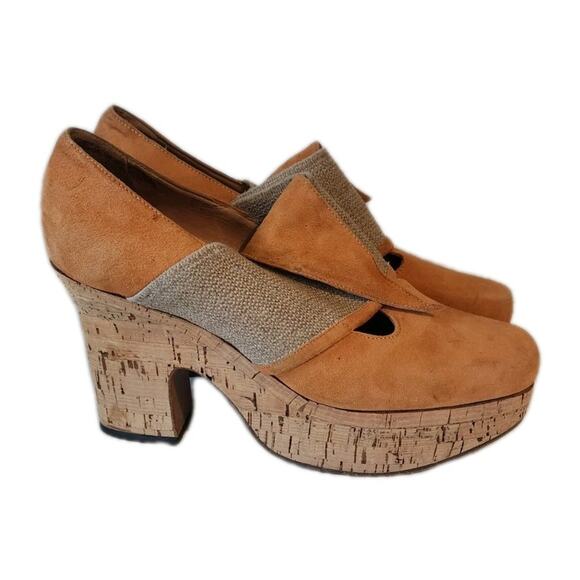 Rare Rive Gauche women Suede wedge Cork Platform Loafer Heels 38 made in Italy - Picture 2 of 9